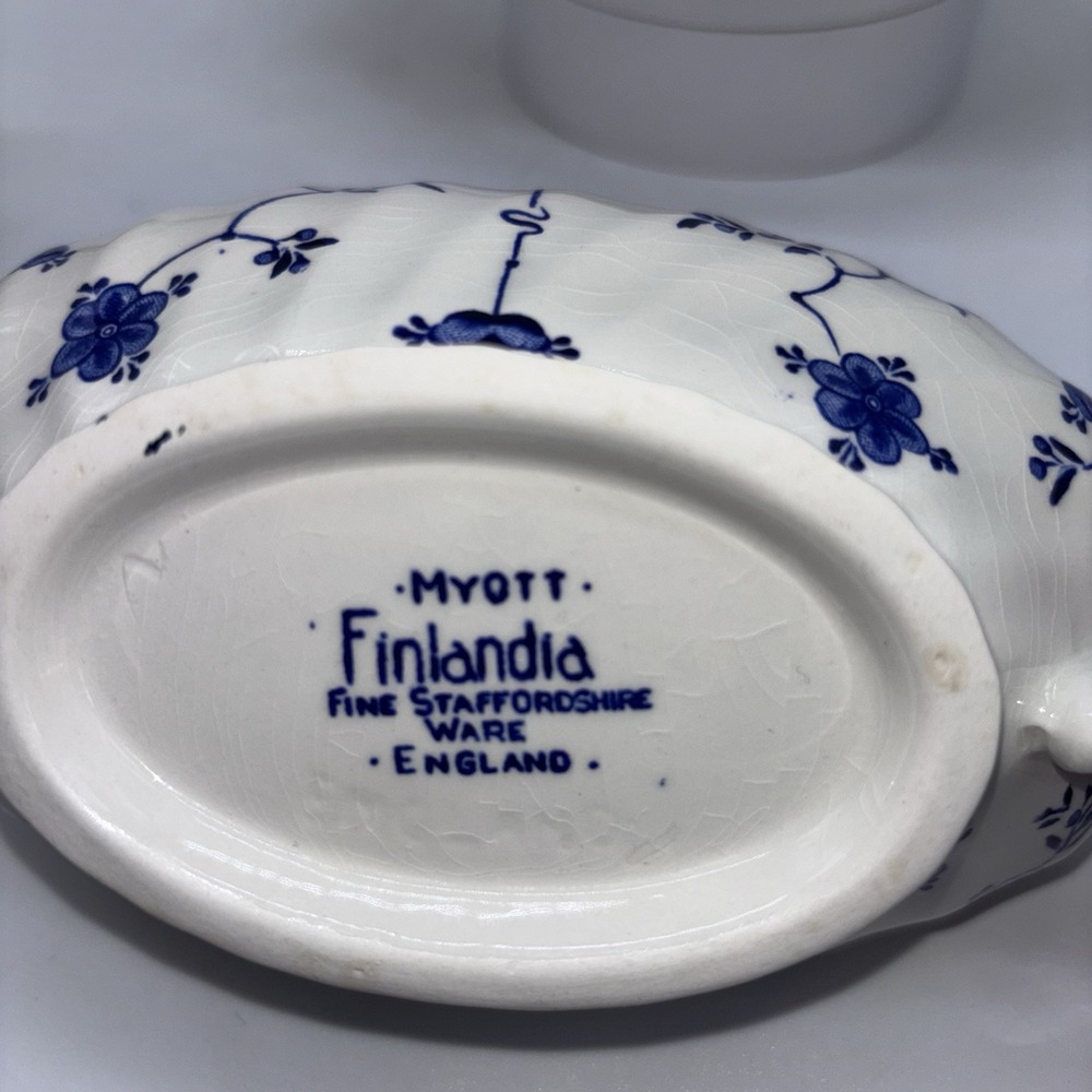 Myott FINLANDIA Gravy Boat & Under Plate Staffordshire England 1982 Blue White - Picture 5 of 7
